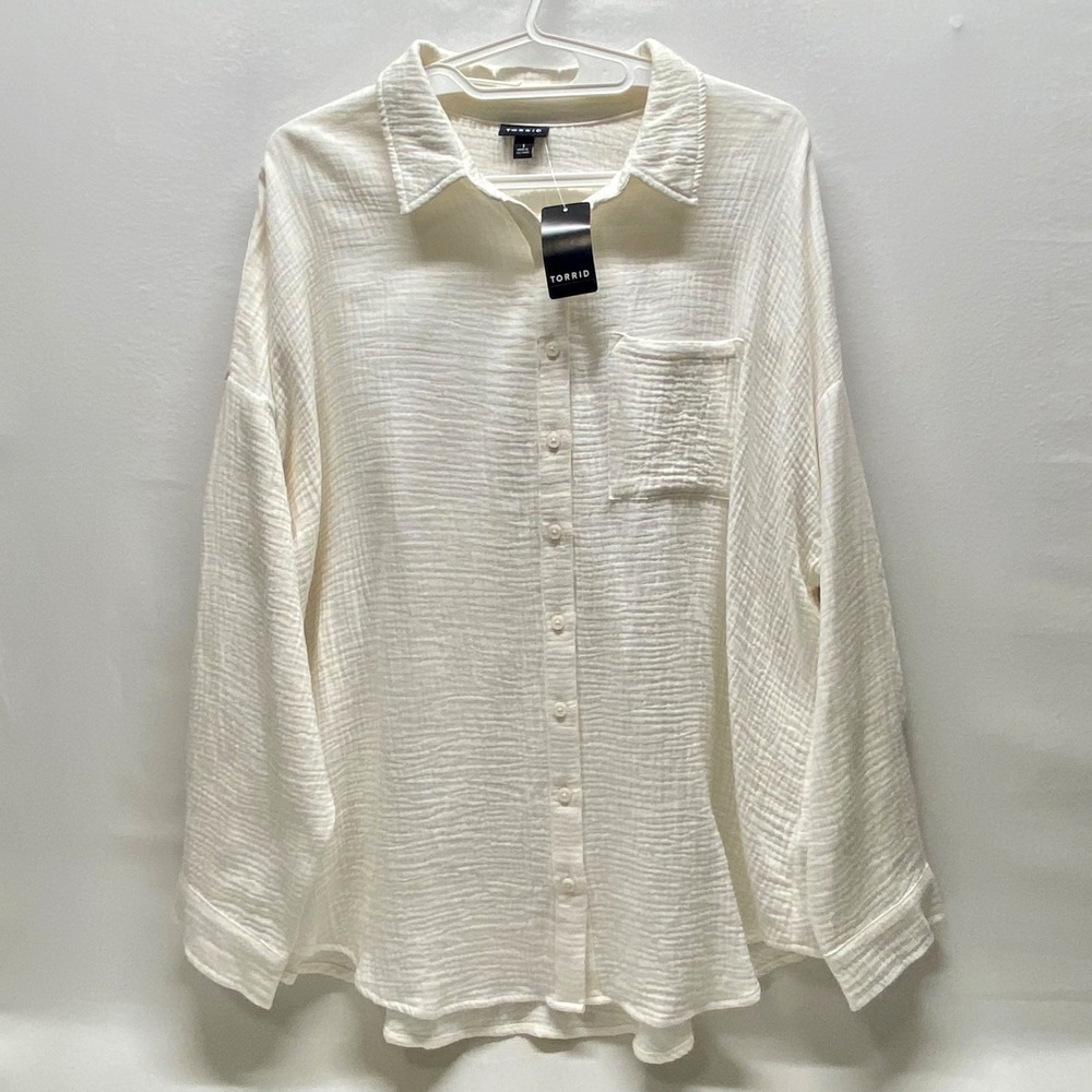 Torrid Button Down Shirt Women's 1 Cloud Dancer Cotton Gauze Open Shoulder NWT